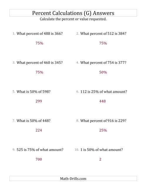 The Mixed Percent Problems with Whole Number Amounts and Multiples of 25 Percents (G) Math Worksheet Page 2