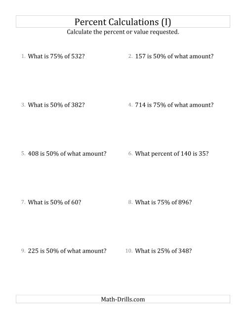 The Mixed Percent Problems with Whole Number Amounts and Multiples of 25 Percents (I) Math Worksheet