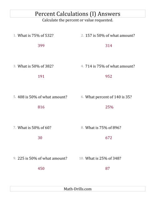The Mixed Percent Problems with Whole Number Amounts and Multiples of 25 Percents (I) Math Worksheet Page 2