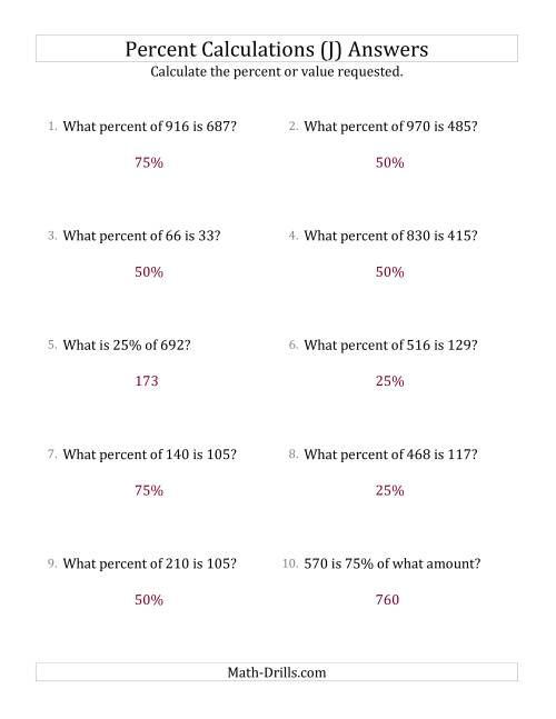 The Mixed Percent Problems with Whole Number Amounts and Multiples of 25 Percents (J) Math Worksheet Page 2