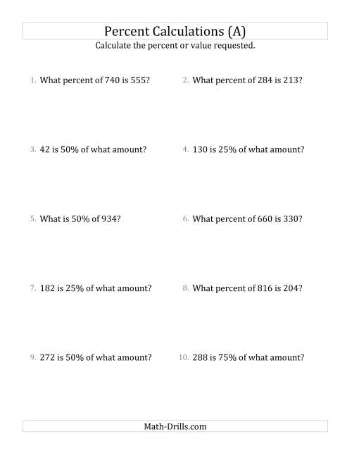 The Mixed Percent Problems with Whole Number Amounts and Multiples of 25 Percents (All) Math Worksheet