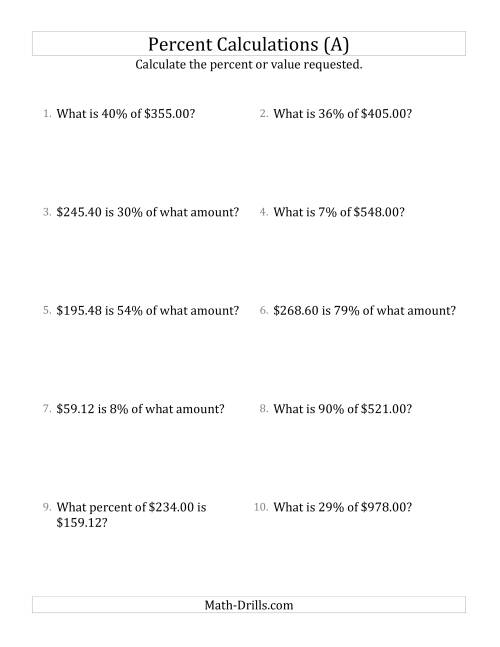 The Mixed Percent Problems with Decimal Currency Amounts and All Percents (A) Math Worksheet