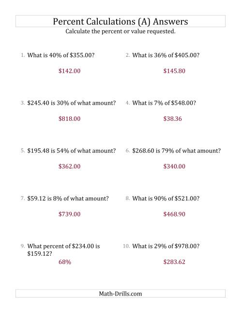 The Mixed Percent Problems with Decimal Currency Amounts and All Percents (A) Math Worksheet Page 2