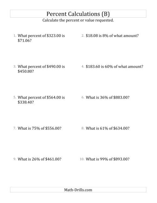 The Mixed Percent Problems with Decimal Currency Amounts and All Percents (B) Math Worksheet