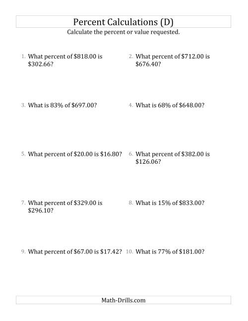 The Mixed Percent Problems with Decimal Currency Amounts and All Percents (D) Math Worksheet