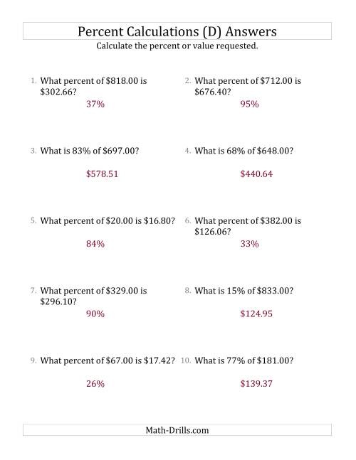 The Mixed Percent Problems with Decimal Currency Amounts and All Percents (D) Math Worksheet Page 2