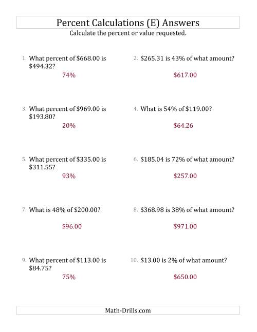 The Mixed Percent Problems with Decimal Currency Amounts and All Percents (E) Math Worksheet Page 2
