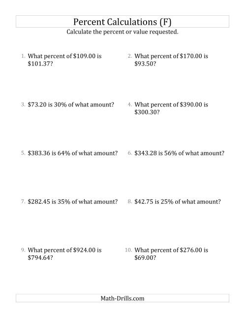 The Mixed Percent Problems with Decimal Currency Amounts and All Percents (F) Math Worksheet