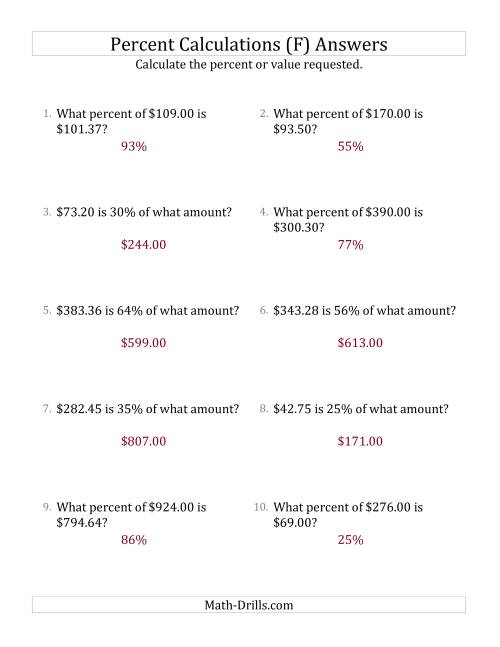 The Mixed Percent Problems with Decimal Currency Amounts and All Percents (F) Math Worksheet Page 2