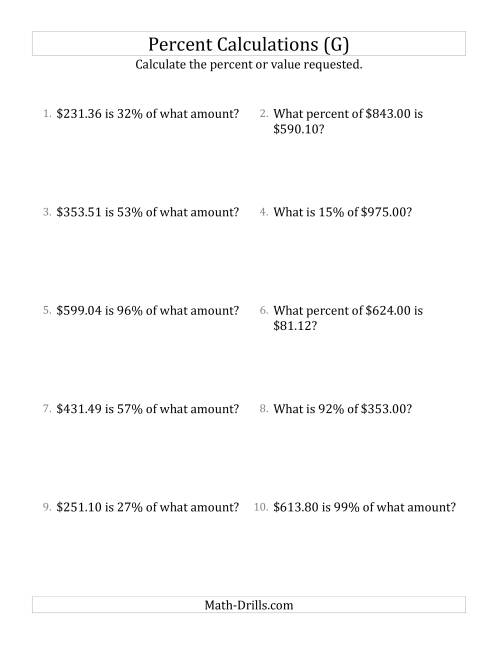 The Mixed Percent Problems with Decimal Currency Amounts and All Percents (G) Math Worksheet