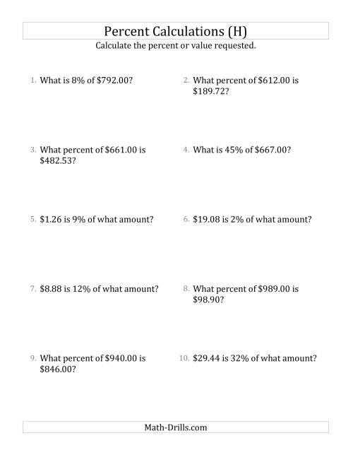 The Mixed Percent Problems with Decimal Currency Amounts and All Percents (H) Math Worksheet
