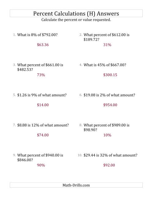 The Mixed Percent Problems with Decimal Currency Amounts and All Percents (H) Math Worksheet Page 2