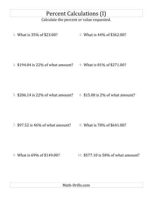 The Mixed Percent Problems with Decimal Currency Amounts and All Percents (I) Math Worksheet