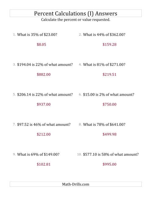 The Mixed Percent Problems with Decimal Currency Amounts and All Percents (I) Math Worksheet Page 2