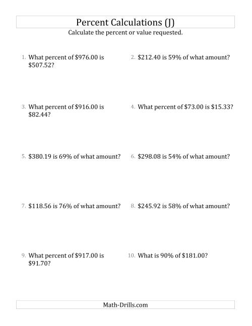 The Mixed Percent Problems with Decimal Currency Amounts and All Percents (J) Math Worksheet