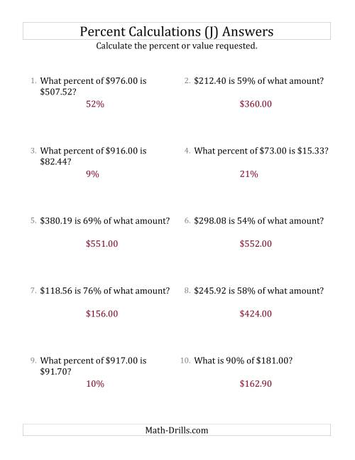 The Mixed Percent Problems with Decimal Currency Amounts and All Percents (J) Math Worksheet Page 2