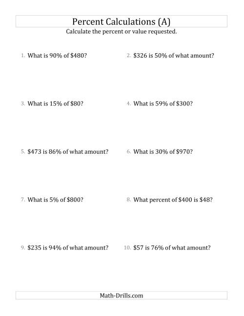 The Mixed Percent Problems with Whole Number Currency Amounts and All Percents (A) Math Worksheet