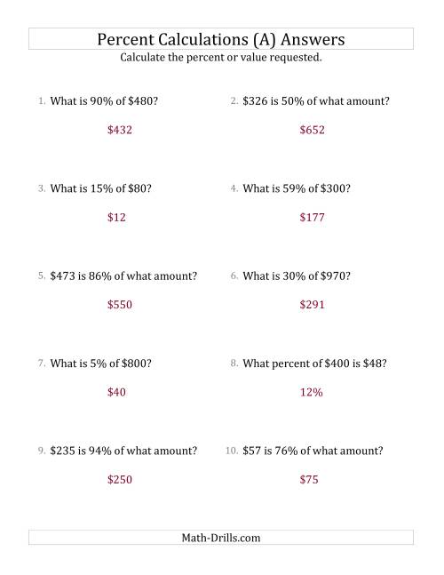 The Mixed Percent Problems with Whole Number Currency Amounts and All Percents (A) Math Worksheet Page 2