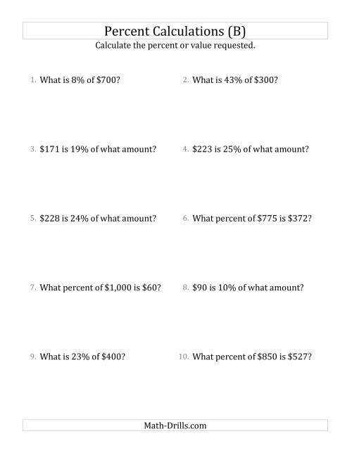 The Mixed Percent Problems with Whole Number Currency Amounts and All Percents (B) Math Worksheet