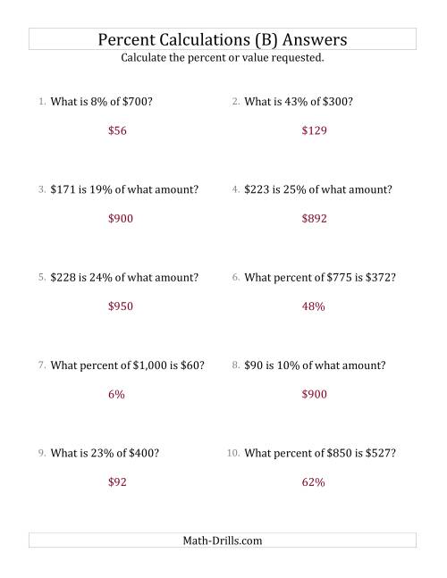 The Mixed Percent Problems with Whole Number Currency Amounts and All Percents (B) Math Worksheet Page 2