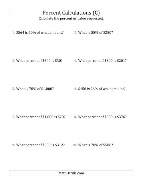 The Mixed Percent Problems with Whole Number Currency Amounts and All Percents (C) Math Worksheet