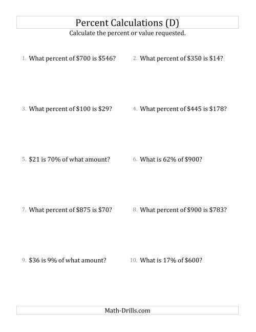 The Mixed Percent Problems with Whole Number Currency Amounts and All Percents (D) Math Worksheet