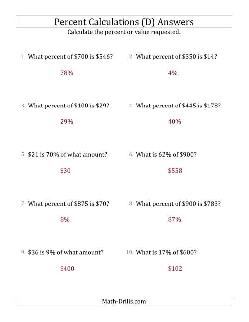The Mixed Percent Problems with Whole Number Currency Amounts and All Percents (D) Math Worksheet Page 2