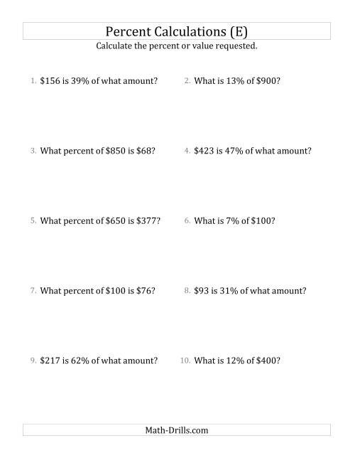 The Mixed Percent Problems with Whole Number Currency Amounts and All Percents (E) Math Worksheet