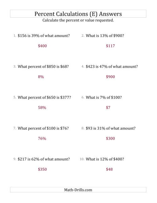 The Mixed Percent Problems with Whole Number Currency Amounts and All Percents (E) Math Worksheet Page 2