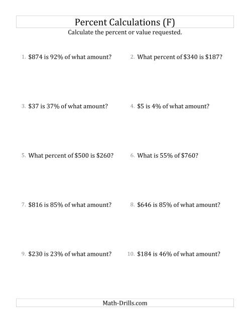 The Mixed Percent Problems with Whole Number Currency Amounts and All Percents (F) Math Worksheet