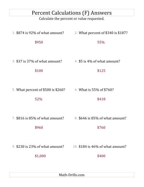 The Mixed Percent Problems with Whole Number Currency Amounts and All Percents (F) Math Worksheet Page 2