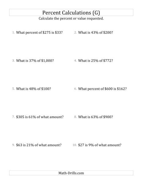The Mixed Percent Problems with Whole Number Currency Amounts and All Percents (G) Math Worksheet