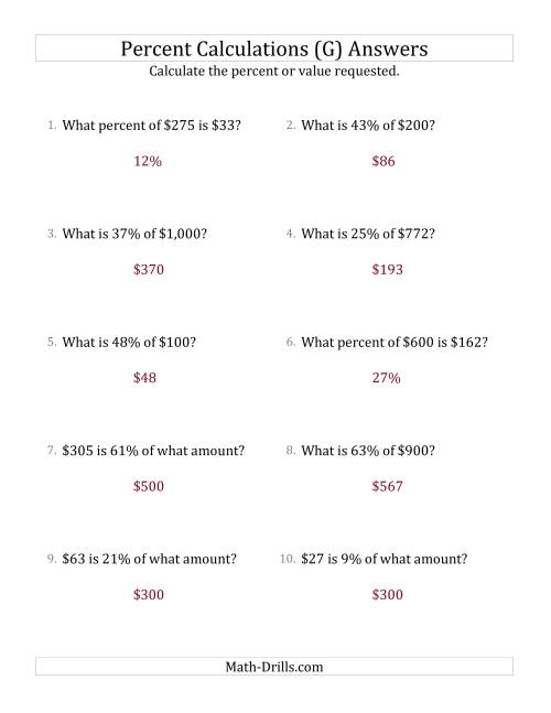 The Mixed Percent Problems with Whole Number Currency Amounts and All Percents (G) Math Worksheet Page 2