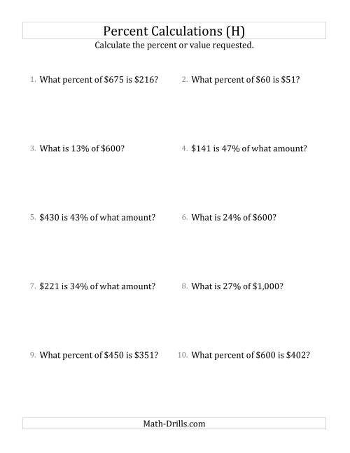 The Mixed Percent Problems with Whole Number Currency Amounts and All Percents (H) Math Worksheet