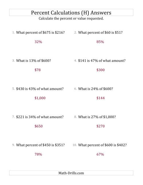 The Mixed Percent Problems with Whole Number Currency Amounts and All Percents (H) Math Worksheet Page 2