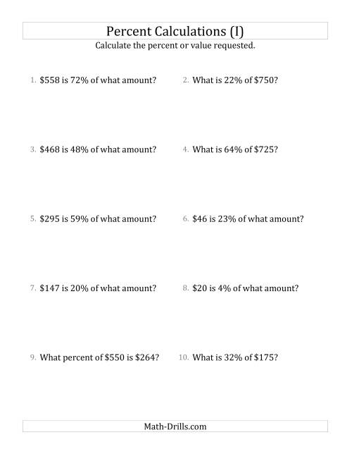 The Mixed Percent Problems with Whole Number Currency Amounts and All Percents (I) Math Worksheet