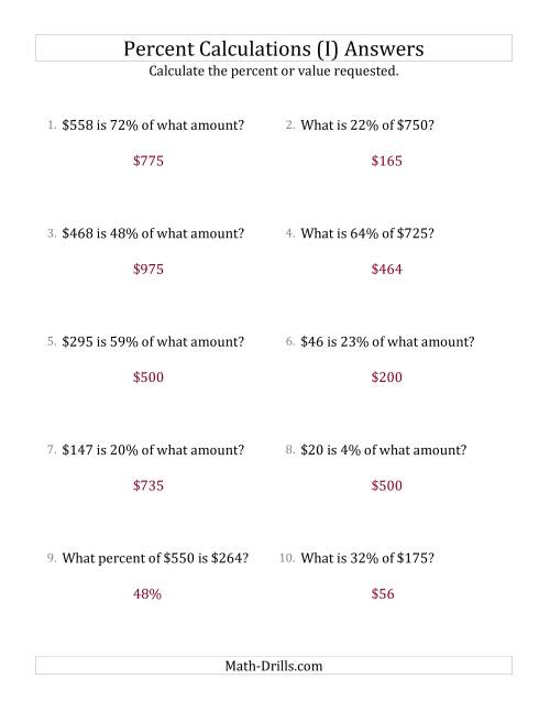 The Mixed Percent Problems with Whole Number Currency Amounts and All Percents (I) Math Worksheet Page 2