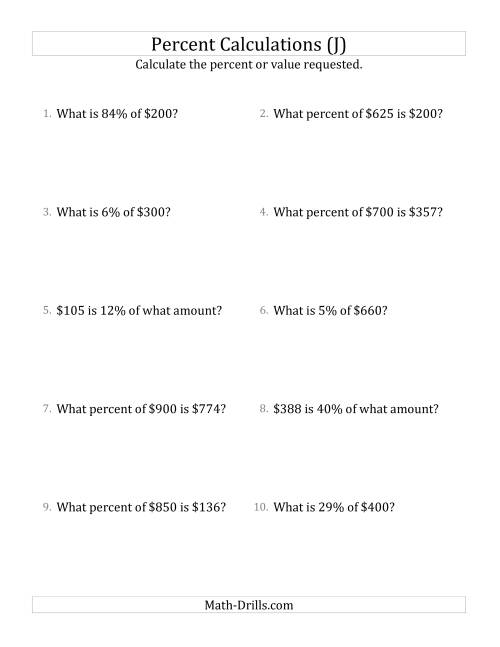 The Mixed Percent Problems with Whole Number Currency Amounts and All Percents (J) Math Worksheet