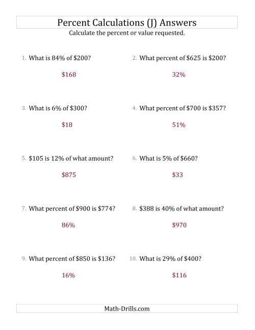 The Mixed Percent Problems with Whole Number Currency Amounts and All Percents (J) Math Worksheet Page 2