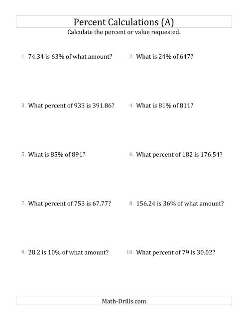The Mixed Percent Problems with Decimal Amounts and All Percents (A) Math Worksheet