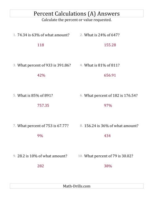 The Mixed Percent Problems with Decimal Amounts and All Percents (A) Math Worksheet Page 2