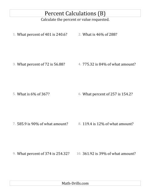 The Mixed Percent Problems with Decimal Amounts and All Percents (B) Math Worksheet