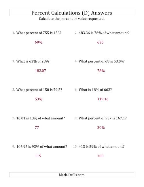 The Mixed Percent Problems with Decimal Amounts and All Percents (D) Math Worksheet Page 2