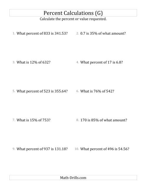The Mixed Percent Problems with Decimal Amounts and All Percents (G) Math Worksheet