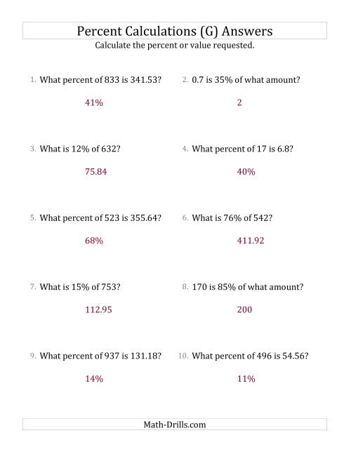 The Mixed Percent Problems with Decimal Amounts and All Percents (G) Math Worksheet Page 2