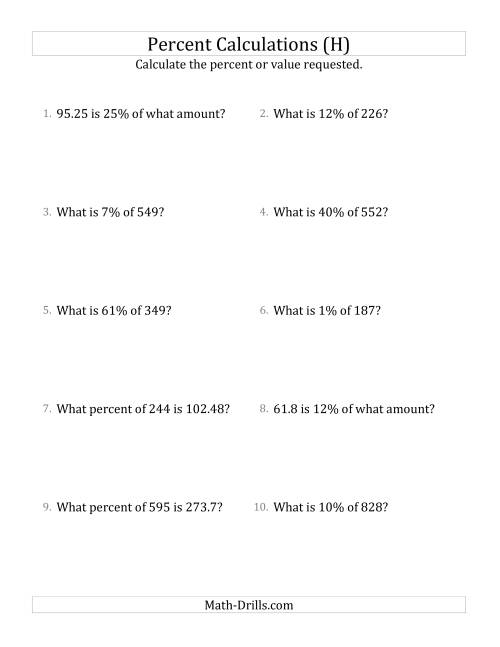 The Mixed Percent Problems with Decimal Amounts and All Percents (H) Math Worksheet