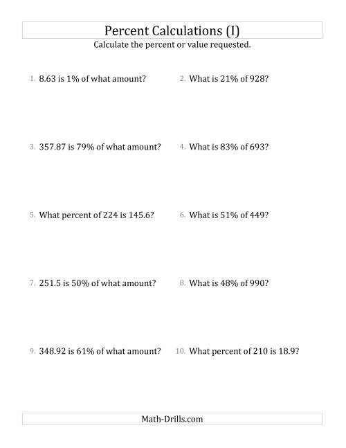 The Mixed Percent Problems with Decimal Amounts and All Percents (I) Math Worksheet