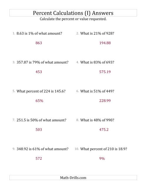 The Mixed Percent Problems with Decimal Amounts and All Percents (I) Math Worksheet Page 2