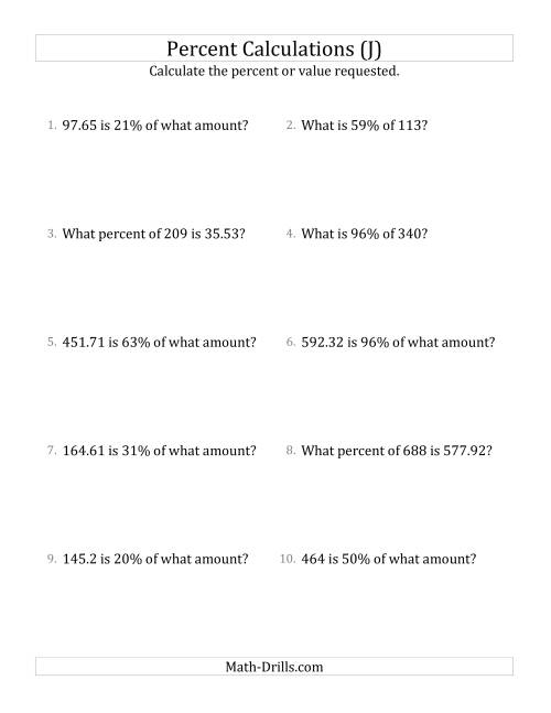 The Mixed Percent Problems with Decimal Amounts and All Percents (J) Math Worksheet