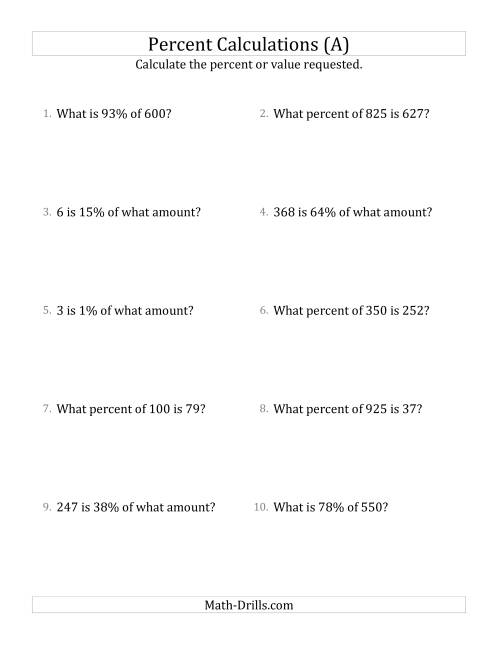 The Mixed Percent Problems with Whole Number Amounts and All Percents (A) Math Worksheet
